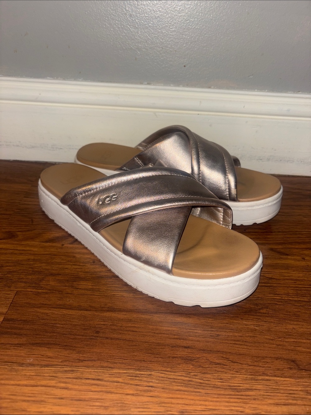 UGG Metallic Rose Gold Crisscross Platform Slides